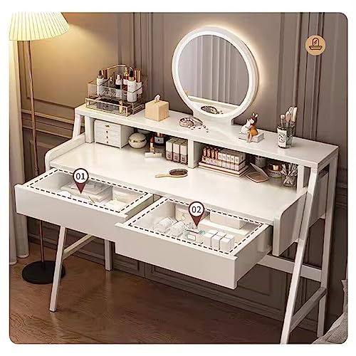 NRNQMTFZ Make Vanity Set with Touch Screen Dimming Mirror,Vanity Set with Chair,Makeup Table with 2 Drawer, Vanity Table Set for Makeup Room, Bedroom(100cm/39.4in,White + Wood Color)