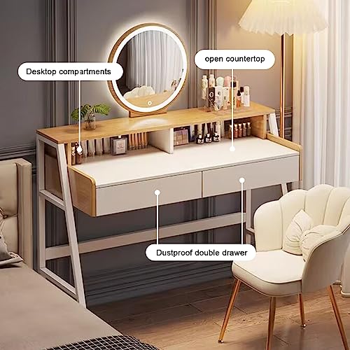 NRNQMTFZ Make Vanity Set with Touch Screen Dimming Mirror,Vanity Set with Chair,Makeup Table with 2 Drawer, Vanity Table Set for Makeup Room, Bedroom(100cm/39.4in,White + Wood Color)