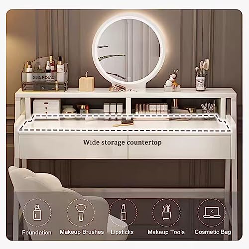 NRNQMTFZ Make Vanity Set with Touch Screen Dimming Mirror,Vanity Set with Chair,Makeup Table with 2 Drawer, Vanity Table Set for Makeup Room, Bedroom(100cm/39.4in,White + Wood Color)