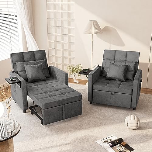 Vabches Sofa Bed Chair with Wing Table and USB Ports Outlet, 3-in-1 Sofa Chair Bed with Two Pillows, Velvet Sleeper Chair with Adjustable Backrest, Easy Assembly, Dark Grey