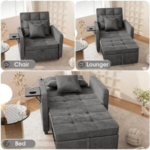 Vabches Sofa Bed Chair with Wing Table and USB Ports Outlet, 3-in-1 Sofa Chair Bed with Two Pillows, Velvet Sleeper Chair with Adjustable Backrest, Easy Assembly, Dark Grey