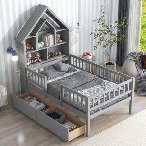 optough twin size house-shaped storage headboard bed,wooden bedframe with full length fence guardrails and drawers for kids teens,no spring box needed,gray