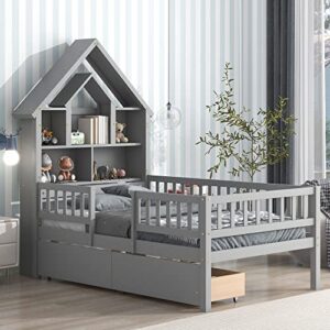 OPTOUGH Twin Size House-Shaped Storage Headboard Bed,Wooden Bedframe with Full Length Fence Guardrails and Drawers for Kids Teens,No Spring Box Needed,Gray