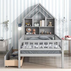 OPTOUGH Twin Size House-Shaped Storage Headboard Bed,Wooden Bedframe with Full Length Fence Guardrails and Drawers for Kids Teens,No Spring Box Needed,Gray