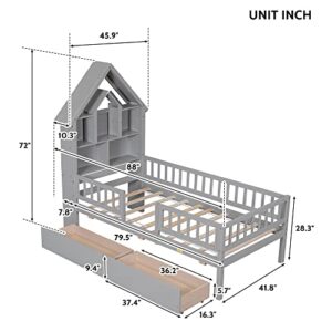 OPTOUGH Twin Size House-Shaped Storage Headboard Bed,Wooden Bedframe with Full Length Fence Guardrails and Drawers for Kids Teens,No Spring Box Needed,Gray