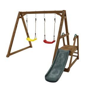 wood swing set for backyard, 2 in 1 outdoor swing set with slide, climbing rope ladder kids backyard playset