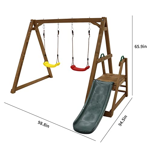 Wood Swing Set for Backyard, 2 in 1 Outdoor Swing Set with Slide, Climbing Rope Ladder Kids Backyard Playset