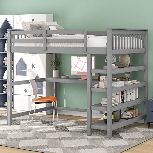 Merax Wood Loft Bed with Desk : Twin Size Loft Bed with 4-Storage Shelves and Under Bed Desk Solid Wood Bed, Grey