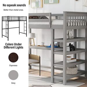 Merax Wood Loft Bed with Desk : Twin Size Loft Bed with 4-Storage Shelves and Under Bed Desk Solid Wood Bed, Grey