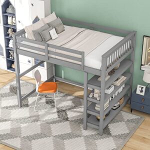 Merax Wood Loft Bed with Desk : Twin Size Loft Bed with 4-Storage Shelves and Under Bed Desk Solid Wood Bed, Grey