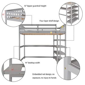 Merax Wood Loft Bed with Desk : Twin Size Loft Bed with 4-Storage Shelves and Under Bed Desk Solid Wood Bed, Grey