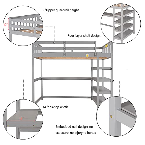 Merax Wood Loft Bed with Desk : Twin Size Loft Bed with 4-Storage Shelves and Under Bed Desk Solid Wood Bed, Grey