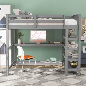 Merax Wood Loft Bed with Desk : Twin Size Loft Bed with 4-Storage Shelves and Under Bed Desk Solid Wood Bed, Grey