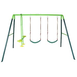 redswing swing seat for kids outdoor with 57-86" rope, kids safety playground swing seat replacement, belt swing, heavy duty, with large swing frame set backyard swing and seesaw， green