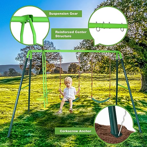 RedSwing Swing Seat for Kids Outdoor with 57-86" Rope, Kids Safety Playground Swing Seat Replacement, Belt Swing, Heavy Duty, with Large Swing Frame Set Backyard Swing and Seesaw， Green