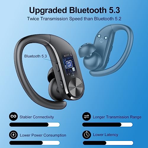 hadbleng Ear Buds Wireless Earbuds Bluetooth 5.3 Headphones 60Hrs Playtime Sports Earhooks Over Ear Earphones with LED Display, IPX7 Waterproof Built-in Mic Headset for Workout, Running, Gym