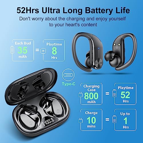 hadbleng Ear Buds Wireless Earbuds Bluetooth 5.3 Headphones 60Hrs Playtime Sports Earhooks Over Ear Earphones with LED Display, IPX7 Waterproof Built-in Mic Headset for Workout, Running, Gym