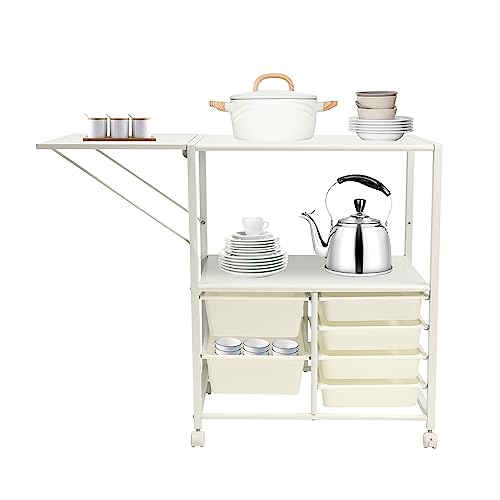 SNKOURIN Kitchen Island Cart on Wheels, Rolling Kitchen Cart with Wine Rack and Storage Drawer, Coffee Station Small Kitchen Cart for Kitchen, Dining Living Room, White