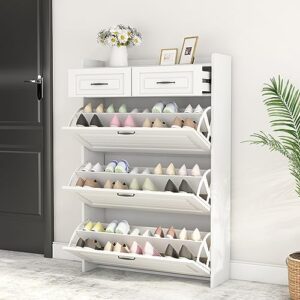 hanlives shoe cabinet for entryway, white narrow shoe storage organizer with 3 doors 2 drawers,flip down shoe rack wood 4 tier shoe storage cabinet for hallway, living room,home and apartment