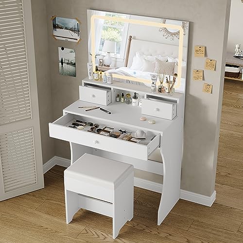 Yanosaku Vanity Desk with LED Lighted Mirror & Power Outlet, Makeup Table with Drawers, Makeup Table with Chair,Vanity Set 3 Lighting Modes Brightness Adjustable for Bedroom Studio