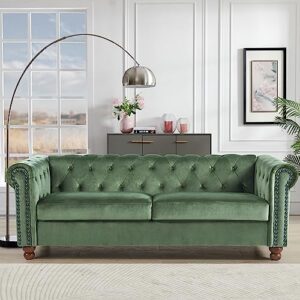 asucoora upholstered chesterfield tufted velvet sofa couch for living room, rolled arm 3-seater sofa couch with nailhead trim and 2 neck roll pillows
