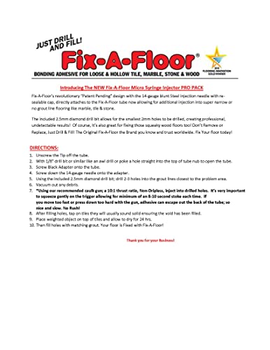 The Original Award Winning Fix-A-Floor Micro Syringe Adapter Pro Pack (6) For Loose & Hollow Flooring Repair. The Micro Syringe Injector should only be used in grout lines less than 1/8”