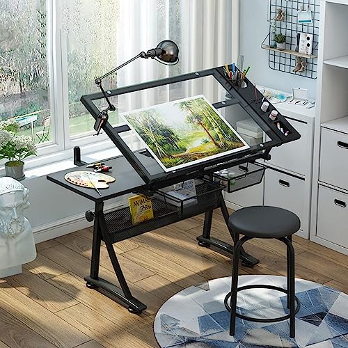 TeMkin 2 Storage Drawers and Stool Drafting Table Drawing Desk Height Adjustable Craft Table for Home Office School Study Room (Color : Glass)