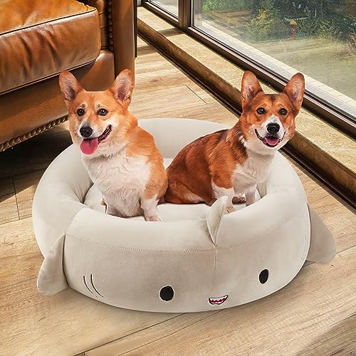 Pet Bed for Dogs, 24Inch Funny Cute Plush Dog Beds, Cozy Soft Dog Round Bed, Fluffy Dog Beds with Non-Slip Bottom (Shark Grey)