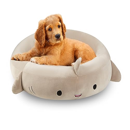 Pet Bed for Dogs, 24Inch Funny Cute Plush Dog Beds, Cozy Soft Dog Round Bed, Fluffy Dog Beds with Non-Slip Bottom (Shark Grey)