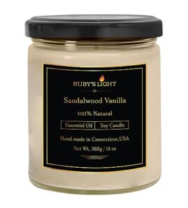 sandalwood vanilla scented candles, aromatherapy essential oil candle, 16 oz glass jar candle, highly scented candles for the home, all natural soy candles, 70 hours burn time, gift for women & men