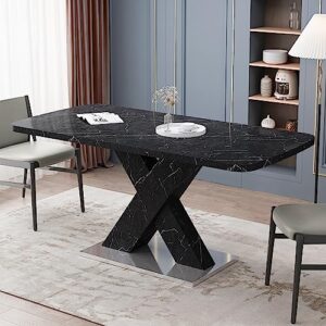 cemkar modern square dining table, 47.24”-62.99" l stretchable, printed black marble table top+mdf x-shape table leg with metal base (black)