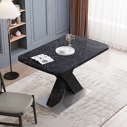 CEMKAR Modern Square Dining Table, 47.24”-62.99" L Stretchable, Printed Black Marble Table Top+MDF X-Shape Table Leg with Metal Base (Black)