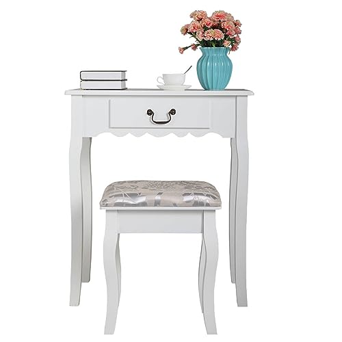 RIDFY Modern Vanity Desk with Cushioned Stool,Vanity Table Set with Large Drawers,Makeup Dressing Table with 360° Rotating Mirror for Women,Small Space Office, Writing, Reading,White