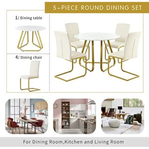 BIADNBZ 5 Pieces Dining Set Round Kitchen Furniture for Living Room, Breakfast Nook with Faux Marble Top Table and 4 PU Leather Chairs w/Metal Legs, White