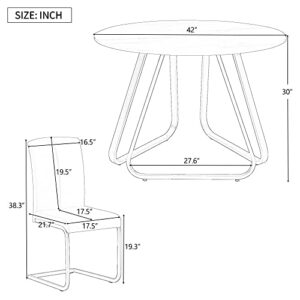 BIADNBZ 5 Pieces Dining Set Round Kitchen Furniture for Living Room, Breakfast Nook with Faux Marble Top Table and 4 PU Leather Chairs w/Metal Legs, White