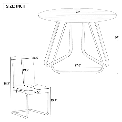 BIADNBZ 5 Pieces Dining Set Round Kitchen Furniture for Living Room, Breakfast Nook with Faux Marble Top Table and 4 PU Leather Chairs w/Metal Legs, White