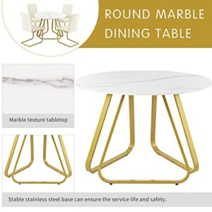 BIADNBZ 5 Pieces Dining Set Round Kitchen Furniture for Living Room, Breakfast Nook with Faux Marble Top Table and 4 PU Leather Chairs w/Metal Legs, White