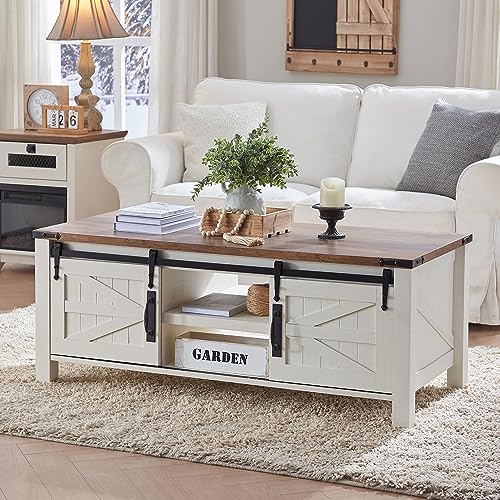 OKD Farmhouse Coffee Table, 48" Storage Center Table with Sliding Barn Doors, Rustic Wood Rectangular Cocktail Table with w/Adjustable Shelves for Living Room, Antique White