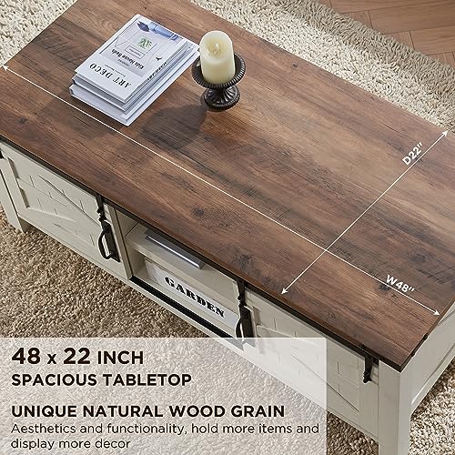 OKD Farmhouse Coffee Table, 48" Storage Center Table with Sliding Barn Doors, Rustic Wood Rectangular Cocktail Table with w/Adjustable Shelves for Living Room, Antique White
