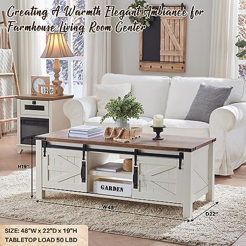 OKD Farmhouse Coffee Table, 48" Storage Center Table with Sliding Barn Doors, Rustic Wood Rectangular Cocktail Table with w/Adjustable Shelves for Living Room, Antique White