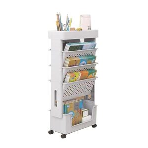 movable bookshelf, compact desk storage organizer with caster wheels, slim storage trolley for books,corner display rack for dorm library,multi-purpose rolling cart,5-tier (white)