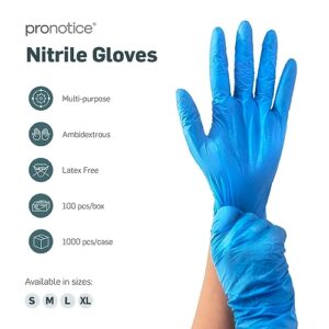 Pronotice Disposable Nitrile Glove, Blue, General Purpose, PowderFree, Food Safe, Cleaning, Latex-Free, Full Case 1000 Gloves (Large)