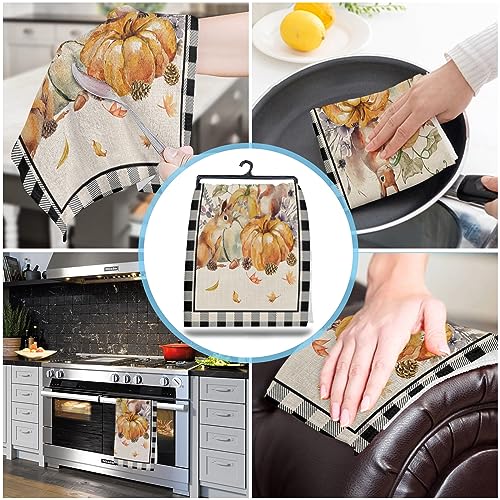 Kitchen Towel Thanksgiving Pumpkin Maple Leaves Squirrel Dish Cloths 1 Pack 18x28in,Super Absorbent Hand Towels Bathroom Cleaning Cloth Black Buffalo Plaid on Linen Soft Dishcloth for Drying Dishes