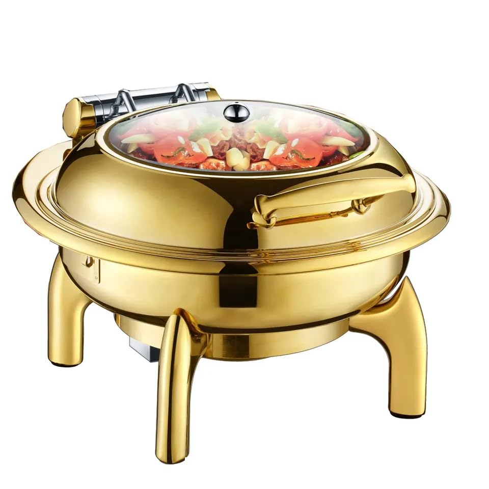 HONHPD Luxury 6.8 Liters Roll Top Round Golden Chafing Dish, Chaffing Server Set Buffet, Stainless Steel Buffet Chafer with Glass Lid, Chafers and Buffet Warmers Set for Catering, Parties(Upgraded