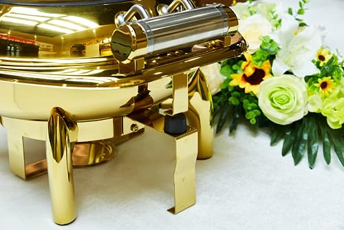 HONHPD Luxury 6.8 Liters Roll Top Round Golden Chafing Dish, Chaffing Server Set Buffet, Stainless Steel Buffet Chafer with Glass Lid, Chafers and Buffet Warmers Set for Catering, Parties(Upgraded