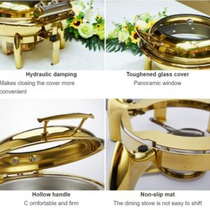 HONHPD Luxury 6.8 Liters Roll Top Round Golden Chafing Dish, Chaffing Server Set Buffet, Stainless Steel Buffet Chafer with Glass Lid, Chafers and Buffet Warmers Set for Catering, Parties(Upgraded