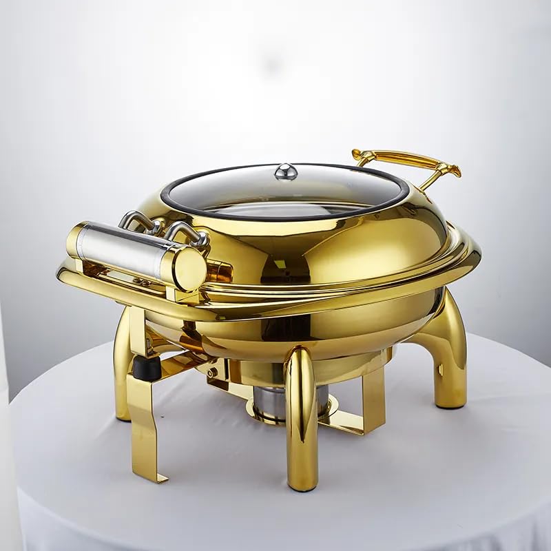 HONHPD Luxury 6.8 Liters Roll Top Round Golden Chafing Dish, Chaffing Server Set Buffet, Stainless Steel Buffet Chafer with Glass Lid, Chafers and Buffet Warmers Set for Catering, Parties(Upgraded