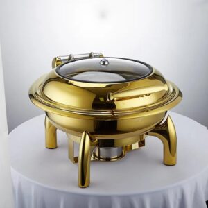 HONHPD Luxury 6.8 Liters Roll Top Round Golden Chafing Dish, Chaffing Server Set Buffet, Stainless Steel Buffet Chafer with Glass Lid, Chafers and Buffet Warmers Set for Catering, Parties(Upgraded