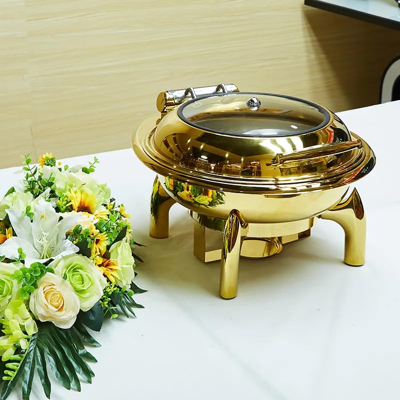 HONHPD Luxury 6.8 Liters Roll Top Round Golden Chafing Dish, Chaffing Server Set Buffet, Stainless Steel Buffet Chafer with Glass Lid, Chafers and Buffet Warmers Set for Catering, Parties(Upgraded