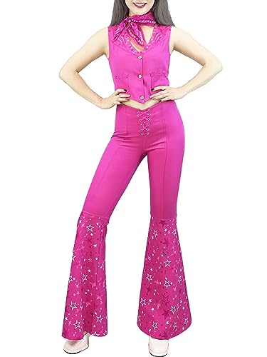 70s 80s Hippie Disco Costume Pink Flare Pant Halloween Cosplay For Women Girls (Color : Barbie, Size : 110)